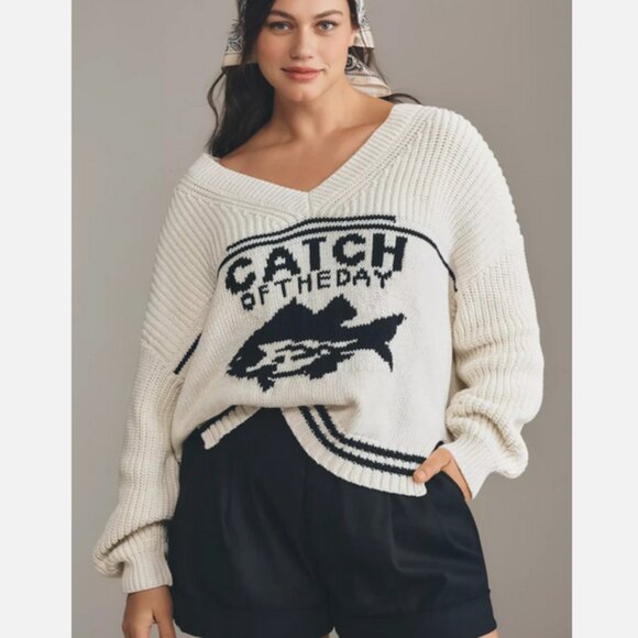 Anthropologie Maeve Nautical Linen-Blend Catch Of The Day Fish Sweater 3X NWT - Picture 1 of 8